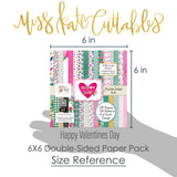 Happy Valentines Day 6x6 Double-Sided Paper Pack, size guide shown in hand for scale, showing 6x6 scrapbook paper for handmade cards, mini albums, junk journals, paper layering, small-scale layouts, and coordinated paper crafts. Buyer theme: Valentine 6x6 Paper for Cards & Mini Albums. Happy Valentines Day 6x6 double-sided scrapbook paper with scaled heart, floral, plaid, grid and love-note designs