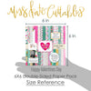 Happy Valentines Day 6x6 Double-Sided Paper Pack, size guide shown in hand for scale, showing 6x6 scrapbook paper for handmade cards, mini albums, junk journals, paper layering, small-scale layouts, and coordinated paper crafts. Buyer theme: Valentine 6x6 Paper for Cards & Mini Albums. Happy Valentines Day 6x6 double-sided scrapbook paper with scaled heart, floral, plaid, grid and love-note designs