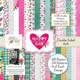 Happy Valentines Day 6x6 Double-Sided Paper Pack, high resolution cover image, showing 6x6 scrapbook paper for handmade cards, mini albums, junk journals, paper layering, small-scale layouts, and coordinated paper crafts. Buyer theme: Valentine 6x6 Paper for Cards & Mini Albums. Happy Valentines Day 6x6 double-sided scrapbook paper with scaled heart, floral, plaid, grid and love-note designs. Color palette includes Hot pink, blush pink, aqua, emerald teal, mustard gold, charcoal black and white