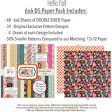 Hello Fall 6x6 Double-Sided Paper Pack, 6x6 paper pack cover and includes preview, showing 6x6 scrapbook paper for handmade cards, mini albums, junk journals, paper layering, small-scale layouts, and coordinated paper crafts. Buyer theme: Fall 6x6 Scrapbook Paper for Cards & Mini Albums. Hello Fall 6x6 Double-Sided Paper Pack with scaled pumpkins, florals, checks, houndstooth, dots, leaves and bright autumn patterns for cards and mini albums