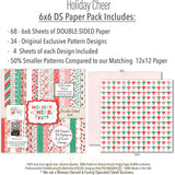 Holiday Cheer 6x6 Double-Sided Paper Pack, 6x6 paper pack cover and includes preview, showing 6x6 scrapbook paper for handmade cards, mini albums, junk journals, paper layering, small-scale layouts, and coordinated paper crafts. Buyer theme: Christmas 6x6 Scrapbook Paper for Cards & Mini Albums. Holiday Cheer 6x6 Double-Sided Paper Pack with scaled snowflakes, Santa, gingerbread, candy canes, ornaments, plaids, lights and festive Christmas patterns for cards and mini albums