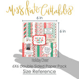 Holiday Cheer 6x6 Double-Sided Paper Pack, size guide shown in hand for scale, showing 6x6 scrapbook paper for handmade cards, mini albums, junk journals, paper layering, small-scale layouts, and coordinated paper crafts. Buyer theme: Christmas 6x6 Scrapbook Paper for Cards & Mini Albums. Holiday Cheer 6x6 Double-Sided Paper Pack with scaled snowflakes, Santa, gingerbread, candy canes, ornaments, plaids, lights and festive Christmas patterns for cards and mini albums