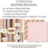 It's Spooky Season Bundle, 6x6 paper pack cover and includes preview, showing complete coordinated paper craft set with 12x12 papers, 6x6 papers, cardstock, die cuts, and stickers for layouts, cards, albums, journals, and keepsakes. Buyer theme: Complete Halloween Scrapbook Craft Bundle. It's Spooky Season complete scrapbook bundle with 12x12 Double-Sided Paper, 6x6 Double-Sided Paper, Linen Printed Smooth Cardstock, Die Cuts and one Sticker Sheet