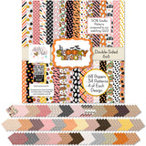It's Spooky Season Bundle, 6x6 cover and paper spread out image, showing complete coordinated paper craft set with 12x12 papers, 6x6 papers, cardstock, die cuts, and stickers for layouts, cards, albums, journals, and keepsakes. Buyer theme: Complete Halloween Scrapbook Craft Bundle. It's Spooky Season complete scrapbook bundle with 12x12 Double-Sided Paper, 6x6 Double-Sided Paper, Linen Printed Smooth Cardstock, Die Cuts and one Sticker Sheet