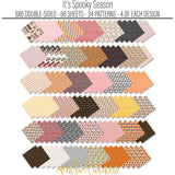 It's Spooky Season 6x6 Double-Sided Paper Pack, papers spread out image, showing 6x6 scrapbook paper for handmade cards, mini albums, junk journals, paper layering, small-scale layouts, and coordinated paper crafts. Buyer theme: Halloween 6x6 Paper for Cards & Mini Albums. It's Spooky Season 6x6 double-sided scrapbook paper with scaled ghost, pumpkin, bat, plaid and haunted-house Halloween patterns