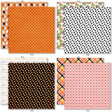 It's Spooky Season Bundle, bundle paper patterns 1 through 8 preview, showing complete coordinated paper craft set with 12x12 papers, 6x6 papers, cardstock, die cuts, and stickers for layouts, cards, albums, journals, and keepsakes. Buyer theme: Complete Halloween Scrapbook Craft Bundle. It's Spooky Season complete scrapbook bundle with 12x12 Double-Sided Paper, 6x6 Double-Sided Paper, Linen Printed Smooth Cardstock, Die Cuts and one Sticker Sheet