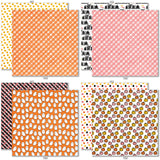 It's Spooky Season Bundle, bundle paper patterns 17 through 24 preview, showing complete coordinated paper craft set with 12x12 papers, 6x6 papers, cardstock, die cuts, and stickers for layouts, cards, albums, journals, and keepsakes. Buyer theme: Complete Halloween Scrapbook Craft Bundle. It's Spooky Season complete scrapbook bundle with 12x12 Double-Sided Paper, 6x6 Double-Sided Paper, Linen Printed Smooth Cardstock, Die Cuts and one Sticker Sheet