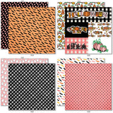 It's Spooky Season 6x6 Double-Sided Paper Pack, 6x6 double-sided paper pack paper patterns 25 through 32 preview, showing 6x6 scrapbook paper for handmade cards, mini albums, junk journals, paper layering, small-scale layouts, and coordinated paper crafts. Buyer theme: Halloween 6x6 Paper for Cards & Mini Albums. It's Spooky Season 6x6 double-sided scrapbook paper with scaled ghost, pumpkin, bat, plaid and haunted-house Halloween patterns