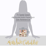 It's Spooky Season Bundle, standing size guide image, showing complete coordinated paper craft set with 12x12 papers, 6x6 papers, cardstock, die cuts, and stickers for layouts, cards, albums, journals, and keepsakes. Buyer theme: Complete Halloween Scrapbook Craft Bundle. It's Spooky Season complete scrapbook bundle with 12x12 Double-Sided Paper, 6x6 Double-Sided Paper, Linen Printed Smooth Cardstock, Die Cuts and one Sticker Sheet