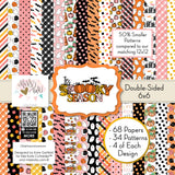It's Spooky Season 6x6 Double-Sided Paper Pack, high resolution cover image, showing 6x6 scrapbook paper for handmade cards, mini albums, junk journals, paper layering, small-scale layouts, and coordinated paper crafts. Buyer theme: Halloween 6x6 Paper for Cards & Mini Albums. It's Spooky Season 6x6 double-sided scrapbook paper with scaled ghost, pumpkin, bat, plaid and haunted-house Halloween patterns