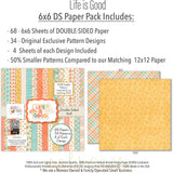 Life is Good 6x6 Double-Sided Paper Pack, 6x6 paper pack cover and includes preview, showing 6x6 scrapbook paper for handmade cards, mini albums, junk journals, paper layering, small-scale layouts, and coordinated paper crafts. Buyer theme: Everyday 6x6 Scrapbook Paper for Cards & Mini Albums. Life is Good 6x6 Double-Sided Paper Pack with scaled florals, plaids, dots, hearts, rainbows, cherries and happy everyday patterns for cards and mini albums