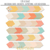 Life is Good 6x6 Double-Sided Paper Pack, papers spread out image, showing 6x6 scrapbook paper for handmade cards, mini albums, junk journals, paper layering, small-scale layouts, and coordinated paper crafts. Buyer theme: Everyday 6x6 Scrapbook Paper for Cards & Mini Albums. Life is Good 6x6 Double-Sided Paper Pack with scaled florals, plaids, dots, hearts, rainbows, cherries and happy everyday patterns for cards and mini albums. Designed for Card making, Mini albums, Junk journals