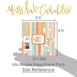 Life is Good 6x6 Double-Sided Paper Pack, size guide shown in hand for scale, showing 6x6 scrapbook paper for handmade cards, mini albums, junk journals, paper layering, small-scale layouts, and coordinated paper crafts. Buyer theme: Everyday 6x6 Scrapbook Paper for Cards & Mini Albums. Life is Good 6x6 Double-Sided Paper Pack with scaled florals, plaids, dots, hearts, rainbows, cherries and happy everyday patterns for cards and mini albums