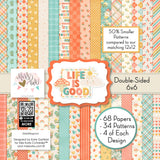 Life is Good 6x6 Double-Sided Paper Pack, high resolution cover image, showing 6x6 scrapbook paper for handmade cards, mini albums, junk journals, paper layering, small-scale layouts, and coordinated paper crafts. Buyer theme: Everyday 6x6 Scrapbook Paper for Cards & Mini Albums. Life is Good 6x6 Double-Sided Paper Pack with scaled florals, plaids, dots, hearts, rainbows, cherries and happy everyday patterns for cards and mini albums