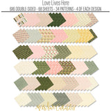 Love Lives Here 6x6 Double-Sided Paper Pack, papers spread out image, showing 6x6 scrapbook paper for handmade cards, mini albums, junk journals, paper layering, small-scale layouts, and coordinated paper crafts. Buyer theme: Family 6x6 Scrapbook Paper for Cards & Mini Albums. Love Lives Here 6x6 Double-Sided Paper Pack with scaled florals, rosebuds, plaid, gingham, dots and botanical patterns for cards and mini albums. Designed for Card making, Mini albums, Junk journals