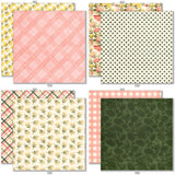 Love Lives Here 6x6 Double-Sided Paper Pack, 6x6 double-sided paper pack paper patterns 25 through 32 preview, showing 6x6 scrapbook paper for handmade cards, mini albums, junk journals, paper layering, small-scale layouts, and coordinated paper crafts. Buyer theme: Family 6x6 Scrapbook Paper for Cards & Mini Albums. Love Lives Here 6x6 Double-Sided Paper Pack with scaled florals, rosebuds, plaid, gingham, dots and botanical patterns for cards and mini albums