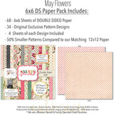 May Flowers 6x6 Double-Sided Paper Pack, 6x6 paper pack cover and includes preview, showing 6x6 scrapbook paper for handmade cards, mini albums, junk journals, paper layering, small-scale layouts, and coordinated paper crafts. Buyer theme: 6x6 Spring Floral Paper for Cards & Mini Albums. May Flowers 6x6 double-sided scrapbook paper with scaled floral, butterfly, gingham, plaid, stripe and garden patterns