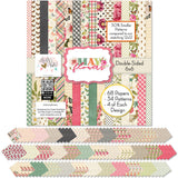 May Flowers 6x6 Double-Sided Paper Pack, 6x6 cover and paper spread out image, showing 6x6 scrapbook paper for handmade cards, mini albums, junk journals, paper layering, small-scale layouts, and coordinated paper crafts. Buyer theme: 6x6 Spring Floral Paper for Cards & Mini Albums. May Flowers 6x6 double-sided scrapbook paper with scaled floral, butterfly, gingham, plaid, stripe and garden patterns