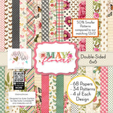 May Flowers 6x6 Double-Sided Paper Pack, high resolution cover image, showing 6x6 scrapbook paper for handmade cards, mini albums, junk journals, paper layering, small-scale layouts, and coordinated paper crafts. Buyer theme: 6x6 Spring Floral Paper for Cards & Mini Albums. May Flowers 6x6 double-sided scrapbook paper with scaled floral, butterfly, gingham, plaid, stripe and garden patterns. Color palette includes Rose pink, coral, blush, sage green, mint, yellow, orange, cream and charcoal
