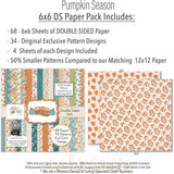 Pumpkin Season 6x6 Double-Sided Paper Pack, 6x6 paper pack cover and includes preview, showing 6x6 scrapbook paper for handmade cards, mini albums, junk journals, paper layering, small-scale layouts, and coordinated paper crafts. Buyer theme: Fall 6x6 Scrapbook Paper for Cards & Mini Albums. 6x6 double-sided fall scrapbook paper pack with scaled pumpkin, plaid, botanical, and cozy autumn designs. Visible artwork includes autumn leaves, acorns, berry sprigs, journaling cards