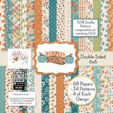 Pumpkin Season 6x6 Double-Sided Paper Pack, high resolution cover image, showing 6x6 scrapbook paper for handmade cards, mini albums, junk journals, paper layering, small-scale layouts, and coordinated paper crafts. Buyer theme: Fall 6x6 Scrapbook Paper for Cards & Mini Albums. 6x6 double-sided fall scrapbook paper pack with scaled pumpkin, plaid, botanical, and cozy autumn designs. Visible artwork includes hot drink mugs, pie slices, sweaters, blankets