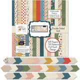 Ready for School 6x6 Double-Sided Paper Pack, 6x6 cover and paper spread out image, showing 6x6 scrapbook paper for handmade cards, mini albums, junk journals, paper layering, small-scale layouts, and coordinated paper crafts. Buyer theme: Back to School Card Making & Mini Album Paper Pack. Ready for School 6x6 Double-Sided Paper Pack with scaled schoolhouse patterns including stars, apples, plaid, backpacks, paperclips, notebook lines and graph grids