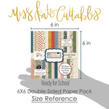 Ready for School 6x6 Double-Sided Paper Pack, size guide shown in hand for scale, showing 6x6 scrapbook paper for handmade cards, mini albums, junk journals, paper layering, small-scale layouts, and coordinated paper crafts. Buyer theme: Back to School Card Making & Mini Album Paper Pack. Ready for School 6x6 Double-Sided Paper Pack with scaled schoolhouse patterns including stars, apples, plaid, backpacks, paperclips, notebook lines and graph grids
