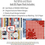 Red White and Bloom 6x6 Double-Sided Paper Pack, 6x6 paper pack cover and includes preview, showing 6x6 scrapbook paper for handmade cards, mini albums, junk journals, paper layering, small-scale layouts, and coordinated paper crafts. Buyer theme: 6x6 Patriotic Paper for Cards & Mini Albums. Red White and Bloom 6x6 Double-Sided Paper Pack with scaled gingham, plaid, dots, florals, butterflies and red, navy, cream and gold Americana patterns for cards and mini albums