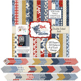 Red White and Bloom 6x6 Double-Sided Paper Pack, 6x6 cover and paper spread out image, showing 6x6 scrapbook paper for handmade cards, mini albums, junk journals, paper layering, small-scale layouts, and coordinated paper crafts. Buyer theme: 6x6 Patriotic Paper for Cards & Mini Albums. Red White and Bloom 6x6 Double-Sided Paper Pack with scaled gingham, plaid, dots, florals, butterflies and red, navy, cream and gold Americana patterns for cards and mini albums