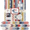 Red White and Bloom 6x6 Double-Sided Paper Pack, 6x6 cover and paper spread out image, showing 6x6 scrapbook paper for handmade cards, mini albums, junk journals, paper layering, small-scale layouts, and coordinated paper crafts. Buyer theme: 6x6 Patriotic Paper for Cards & Mini Albums. Red White and Bloom 6x6 Double-Sided Paper Pack with scaled gingham, plaid, dots, florals, butterflies and red, navy, cream and gold Americana patterns for cards and mini albums