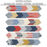 Red White and Bloom 6x6 Double-Sided Paper Pack, papers spread out image, showing 6x6 scrapbook paper for handmade cards, mini albums, junk journals, paper layering, small-scale layouts, and coordinated paper crafts. Buyer theme: 6x6 Patriotic Paper for Cards & Mini Albums. Red White and Bloom 6x6 Double-Sided Paper Pack with scaled gingham, plaid, dots, florals, butterflies and red, navy, cream and gold Americana patterns for cards and mini albums
