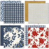 Red White and Bloom 6x6 Double-Sided Paper Pack, 6x6 double-sided paper pack paper patterns 1 through 8 preview, showing 6x6 scrapbook paper for handmade cards, mini albums, junk journals, paper layering, small-scale layouts, and coordinated paper crafts. Buyer theme: 6x6 Patriotic Paper for Cards & Mini Albums. Red White and Bloom 6x6 Double-Sided Paper Pack with scaled gingham, plaid, dots, florals, butterflies and red, navy, cream and gold Americana patterns for cards and mini albums