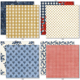 Red White and Bloom 6x6 Double-Sided Paper Pack, 6x6 double-sided paper pack paper patterns 17 through 24 preview, showing 6x6 scrapbook paper for handmade cards, mini albums, junk journals, paper layering, small-scale layouts, and coordinated paper crafts. Buyer theme: 6x6 Patriotic Paper for Cards & Mini Albums. Red White and Bloom 6x6 Double-Sided Paper Pack with scaled gingham, plaid, dots, florals, butterflies and red, navy, cream and gold Americana patterns for cards and mini albums