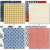 Red White and Bloom 6x6 Double-Sided Paper Pack, 6x6 double-sided paper pack paper patterns 17 through 24 preview, showing 6x6 scrapbook paper for handmade cards, mini albums, junk journals, paper layering, small-scale layouts, and coordinated paper crafts. Buyer theme: 6x6 Patriotic Paper for Cards & Mini Albums. Red White and Bloom 6x6 Double-Sided Paper Pack with scaled gingham, plaid, dots, florals, butterflies and red, navy, cream and gold Americana patterns for cards and mini albums