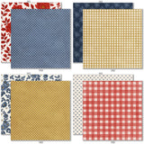 Red White and Bloom 6x6 Double-Sided Paper Pack, 6x6 double-sided paper pack paper patterns 25 through 32 preview, showing 6x6 scrapbook paper for handmade cards, mini albums, junk journals, paper layering, small-scale layouts, and coordinated paper crafts. Buyer theme: 6x6 Patriotic Paper for Cards & Mini Albums. Red White and Bloom 6x6 Double-Sided Paper Pack with scaled gingham, plaid, dots, florals, butterflies and red, navy, cream and gold Americana patterns for cards and mini albums