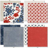 Red White and Bloom 6x6 Double-Sided Paper Pack, 6x6 double-sided paper pack paper patterns 9 through 16 preview, showing 6x6 scrapbook paper for handmade cards, mini albums, junk journals, paper layering, small-scale layouts, and coordinated paper crafts. Buyer theme: 6x6 Patriotic Paper for Cards & Mini Albums. Red White and Bloom 6x6 Double-Sided Paper Pack with scaled gingham, plaid, dots, florals, butterflies and red, navy, cream and gold Americana patterns for cards and mini albums