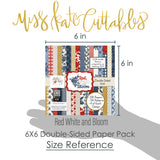 Red White and Bloom 6x6 Double-Sided Paper Pack, size guide shown in hand for scale, showing 6x6 scrapbook paper for handmade cards, mini albums, junk journals, paper layering, small-scale layouts, and coordinated paper crafts. Buyer theme: 6x6 Patriotic Paper for Cards & Mini Albums. Red White and Bloom 6x6 Double-Sided Paper Pack with scaled gingham, plaid, dots, florals, butterflies and red, navy, cream and gold Americana patterns for cards and mini albums