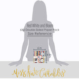 Red White and Bloom 6x6 Double-Sided Paper Pack, standing size guide image, showing 6x6 scrapbook paper for handmade cards, mini albums, junk journals, paper layering, small-scale layouts, and coordinated paper crafts. Buyer theme: 6x6 Patriotic Paper for Cards & Mini Albums. Red White and Bloom 6x6 Double-Sided Paper Pack with scaled gingham, plaid, dots, florals, butterflies and red, navy, cream and gold Americana patterns for cards and mini albums