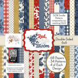 Red White and Bloom 6x6 Double-Sided Paper Pack, high resolution cover image, showing 6x6 scrapbook paper for handmade cards, mini albums, junk journals, paper layering, small-scale layouts, and coordinated paper crafts. Buyer theme: 6x6 Patriotic Paper for Cards & Mini Albums. Red White and Bloom 6x6 Double-Sided Paper Pack with scaled gingham, plaid, dots, florals, butterflies and red, navy, cream and gold Americana patterns for cards and mini albums