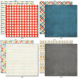 School is Cool 6x6 Double-Sided Paper Pack, 6x6 double-sided paper pack paper patterns 1 through 8 preview, showing 6x6 scrapbook paper for handmade cards, mini albums, junk journals, paper layering, small-scale layouts, and coordinated paper crafts. Buyer theme: School 6x6 Scrapbook Paper for Cards & Mini Albums. School is Cool 6x6 Double-Sided Paper Pack with scaled school gingham, rulers, stars, apples, books, pencils, graph paper and classroom patterns for cards and mini albums