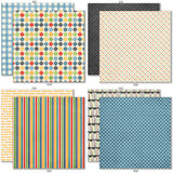 School is Cool 6x6 Double-Sided Paper Pack, 6x6 double-sided paper pack paper patterns 17 through 24 preview, showing 6x6 scrapbook paper for handmade cards, mini albums, junk journals, paper layering, small-scale layouts, and coordinated paper crafts. Buyer theme: School 6x6 Scrapbook Paper for Cards & Mini Albums. School is Cool 6x6 Double-Sided Paper Pack with scaled school gingham, rulers, stars, apples, books, pencils, graph paper and classroom patterns for cards and mini albums