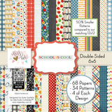 School is Cool 6x6 Double-Sided Paper Pack, high resolution cover image, showing 6x6 scrapbook paper for handmade cards, mini albums, junk journals, paper layering, small-scale layouts, and coordinated paper crafts. Buyer theme: School 6x6 Scrapbook Paper for Cards & Mini Albums. School is Cool 6x6 Double-Sided Paper Pack with scaled school gingham, rulers, stars, apples, books, pencils, graph paper and classroom patterns for cards and mini albums