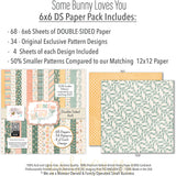 Some Bunny Loves You 6x6 Double-Sided Paper Pack, 6x6 paper pack cover and includes preview, showing 6x6 scrapbook paper for handmade cards, mini albums, junk journals, paper layering, small-scale layouts, and coordinated paper crafts. Buyer theme: Easter 6x6 Paper for Cards & Mini Albums. Some Bunny Loves You 6x6 Double-Sided Paper Pack with scaled bunnies, Easter eggs, tulips, carrots, florals, plaid, stripes and polka dots for cards and mini albums