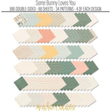 Some Bunny Loves You 6x6 Double-Sided Paper Pack, papers spread out image, showing 6x6 scrapbook paper for handmade cards, mini albums, junk journals, paper layering, small-scale layouts, and coordinated paper crafts. Buyer theme: Easter 6x6 Paper for Cards & Mini Albums. Some Bunny Loves You 6x6 Double-Sided Paper Pack with scaled bunnies, Easter eggs, tulips, carrots, florals, plaid, stripes and polka dots for cards and mini albums