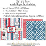 Stars and Stripes 6x6 Double-Sided Paper Pack, 6x6 paper pack cover and includes preview, showing 6x6 scrapbook paper for handmade cards, mini albums, junk journals, paper layering, small-scale layouts, and coordinated paper crafts. Buyer theme: 6x6 Patriotic Paper for Cards & Mini Albums. Stars and Stripes 6x6 double-sided scrapbook paper with scaled fireworks, stars, flowers, berries, gingham, dots and striped patterns