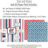 Stars and Stripes 6x6 Double-Sided Paper Pack, 6x6 paper pack cover and includes preview, showing 6x6 scrapbook paper for handmade cards, mini albums, junk journals, paper layering, small-scale layouts, and coordinated paper crafts. Buyer theme: 6x6 Patriotic Paper for Cards & Mini Albums. Stars and Stripes 6x6 double-sided scrapbook paper with scaled fireworks, stars, flowers, berries, gingham, dots and striped patterns