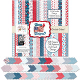 Stars and Stripes 6x6 Double-Sided Paper Pack, 6x6 cover and paper spread out image, showing 6x6 scrapbook paper for handmade cards, mini albums, junk journals, paper layering, small-scale layouts, and coordinated paper crafts. Buyer theme: 6x6 Patriotic Paper for Cards & Mini Albums. Stars and Stripes 6x6 double-sided scrapbook paper with scaled fireworks, stars, flowers, berries, gingham, dots and striped patterns