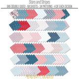 Stars and Stripes 6x6 Double-Sided Paper Pack, papers spread out image, showing 6x6 scrapbook paper for handmade cards, mini albums, junk journals, paper layering, small-scale layouts, and coordinated paper crafts. Buyer theme: 6x6 Patriotic Paper for Cards & Mini Albums. Stars and Stripes 6x6 double-sided scrapbook paper with scaled fireworks, stars, flowers, berries, gingham, dots and striped patterns