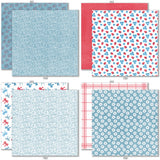 Stars and Stripes 6x6 Double-Sided Paper Pack, 6x6 double-sided paper pack paper patterns 1 through 8 preview, showing 6x6 scrapbook paper for handmade cards, mini albums, junk journals, paper layering, small-scale layouts, and coordinated paper crafts. Buyer theme: 6x6 Patriotic Paper for Cards & Mini Albums. Stars and Stripes 6x6 double-sided scrapbook paper with scaled fireworks, stars, flowers, berries, gingham, dots and striped patterns