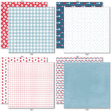 Stars and Stripes 6x6 Double-Sided Paper Pack, 6x6 double-sided paper pack paper patterns 17 through 24 preview, showing 6x6 scrapbook paper for handmade cards, mini albums, junk journals, paper layering, small-scale layouts, and coordinated paper crafts. Buyer theme: 6x6 Patriotic Paper for Cards & Mini Albums. Stars and Stripes 6x6 double-sided scrapbook paper with scaled fireworks, stars, flowers, berries, gingham, dots and striped patterns